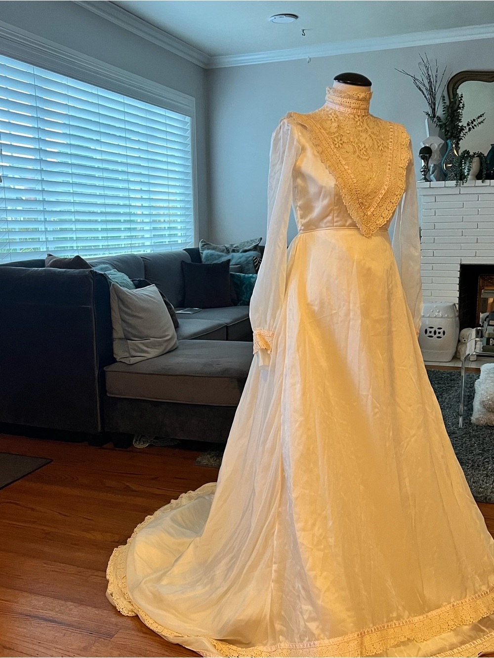 Vintage Cream High-Neck Lace Yoke Long Sleeve Wedding Gown